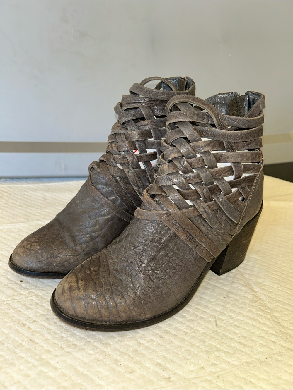 Free People Taupe Woven Strap Ankle Booties